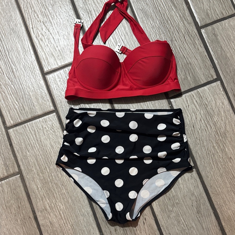 Red Halter Bikini Top and Polka Dot High-Waisted Bottoms